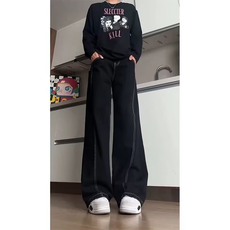 美式分割拼接牛仔裤男女同款秋季高街vibe弯刀裤子阔腿直筒微喇裤