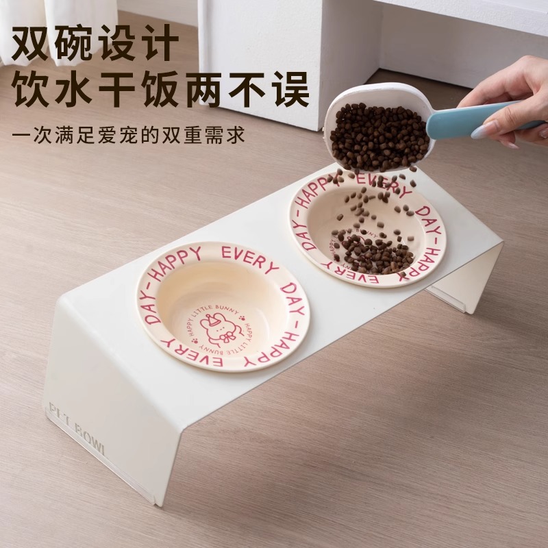 【金属架子坚固耐用】陶瓷猫碗