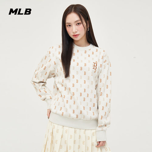 MLB官方 男女宽松老花彩色提花圆领运动复古卫衣24春夏新款MTM03