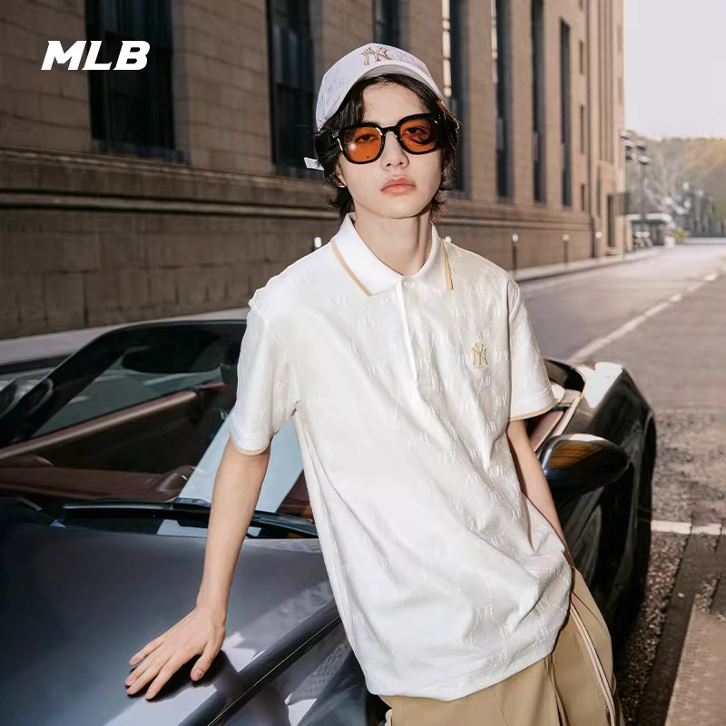 MLB官方男女情侣钻石老花浮雕提花时尚短袖POLO衫25夏季新款PQM02