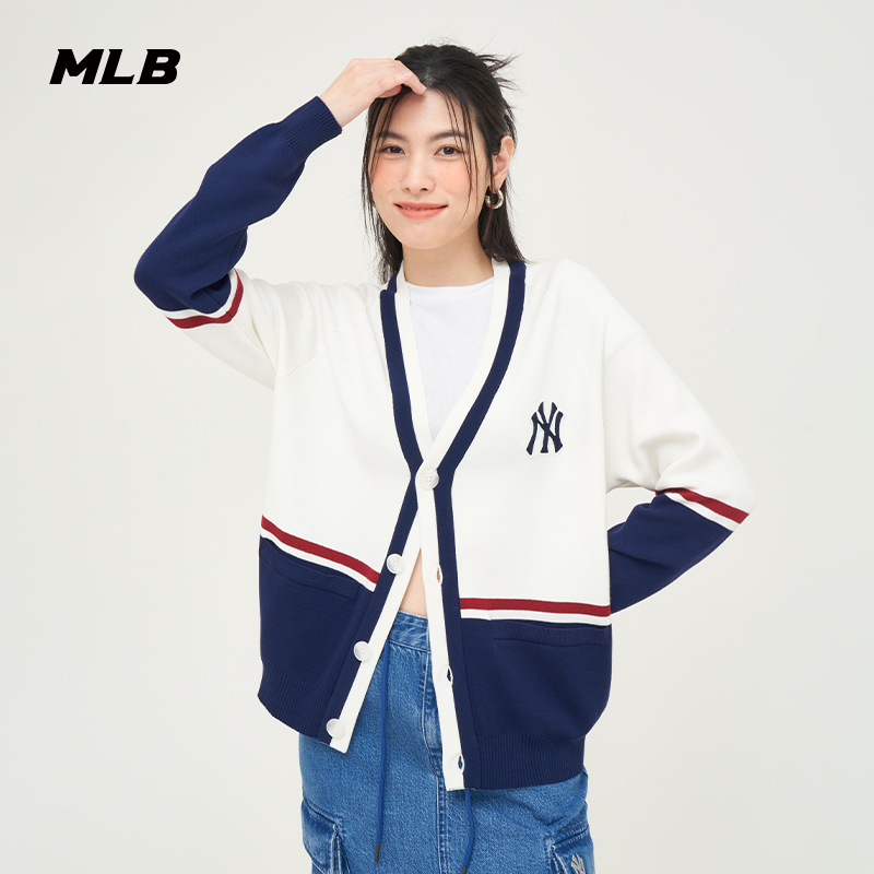 MLB官方 男女情侣学院风撞色条纹针织开衫外套24秋冬新款KCV01