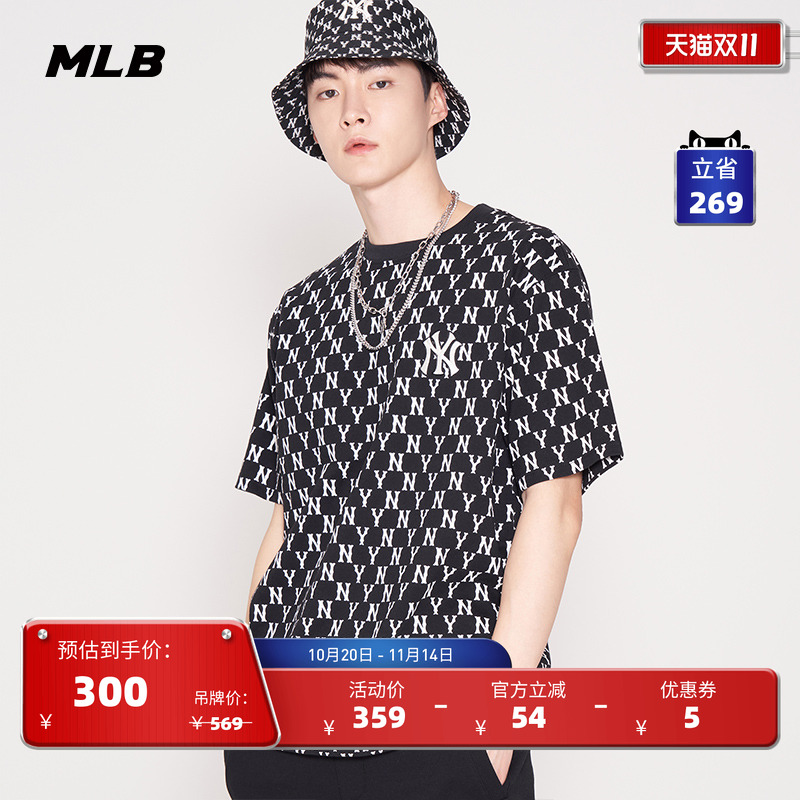 MLB官方 男女情侣复古老花T恤圆领短袖休闲时尚夏季TSM10