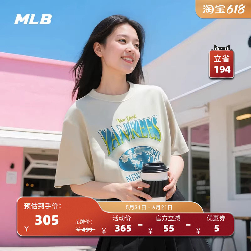 MLB官方 男女情侣复古胶片印花短袖宽松百搭潮流T恤夏季新款TSV61