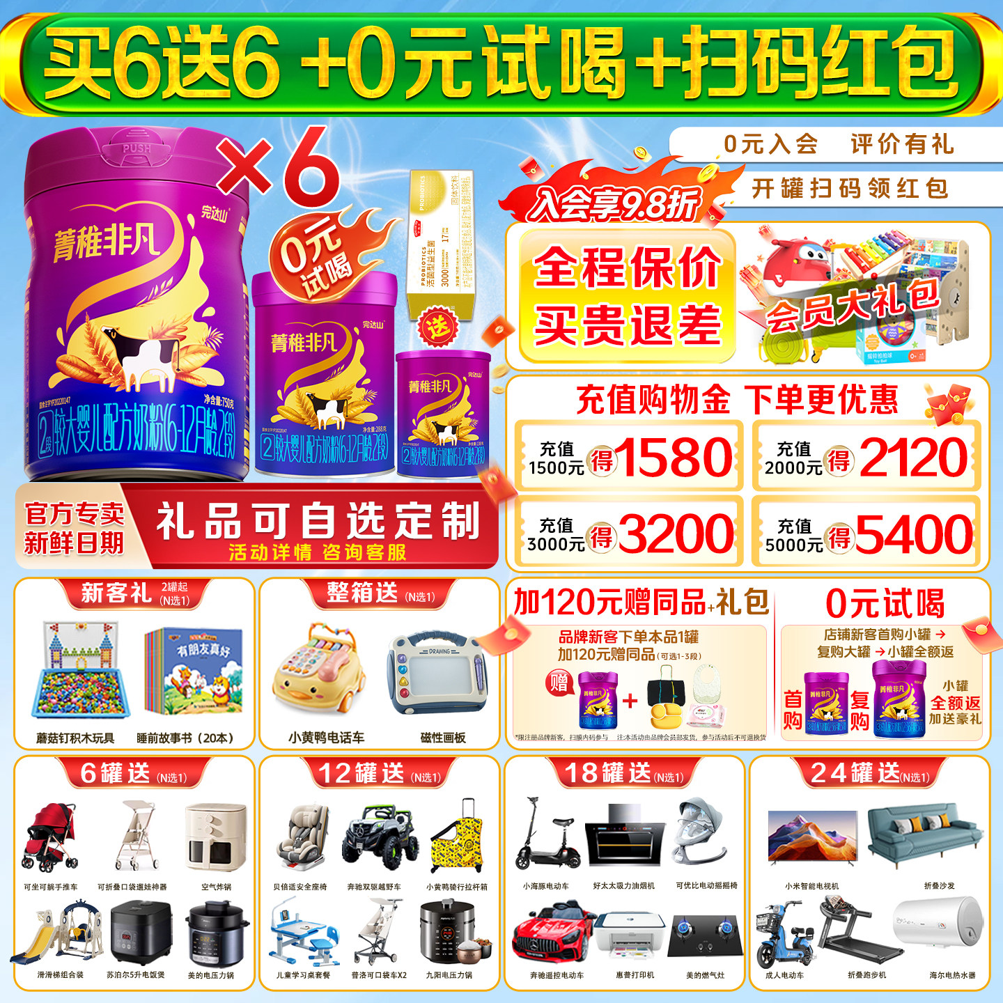 【买6发12礼】完达山菁稚非凡2段750g*6罐婴幼儿配方国产牛奶粉