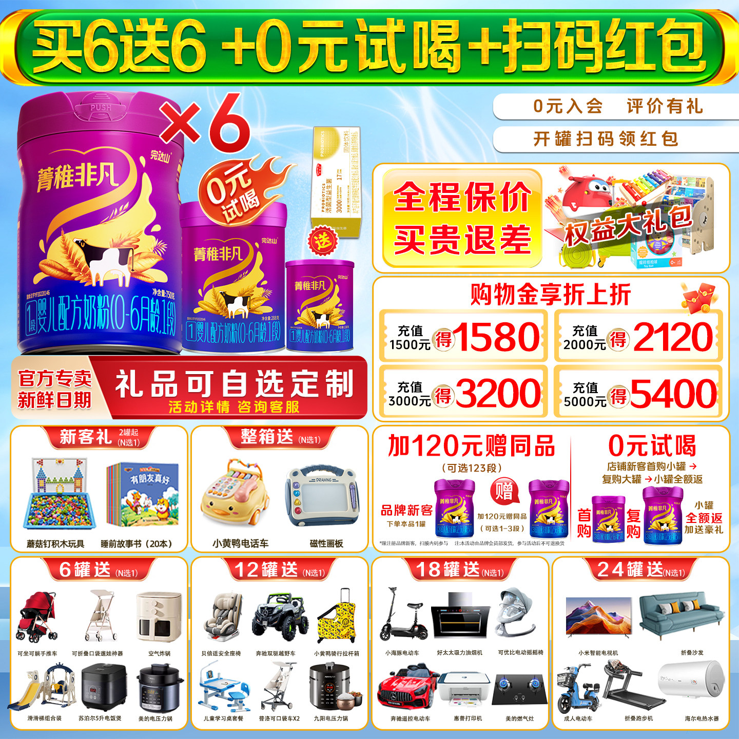 【买6发12】完达山菁稚非凡1段750g*6罐新生儿0-6个月婴幼儿奶粉