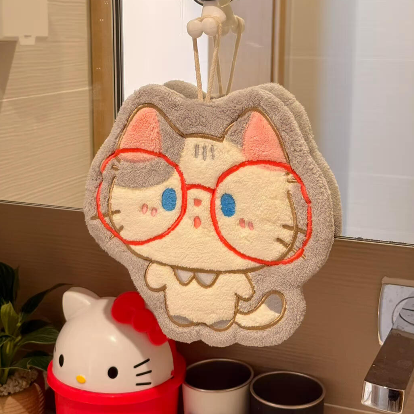 眼镜小猫擦手巾挂式可爱超强吸水厨房卫生间加厚毛巾手帕浴室