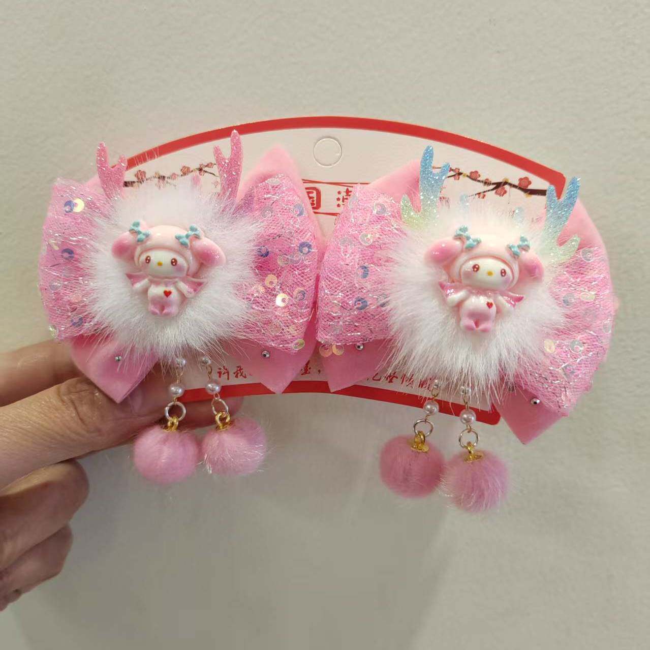 儿童过年汉服头饰发夹中国红色拜年古风女童新年假发发饰发卡