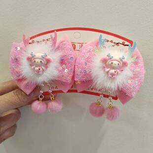 儿童过年汉服头饰发夹中国红色拜年古风女童新年假发发饰发卡