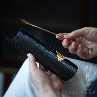 彩集堂 手工大漆金箔茶则 木胎漆器茶具茶道周边黑色侘寂风