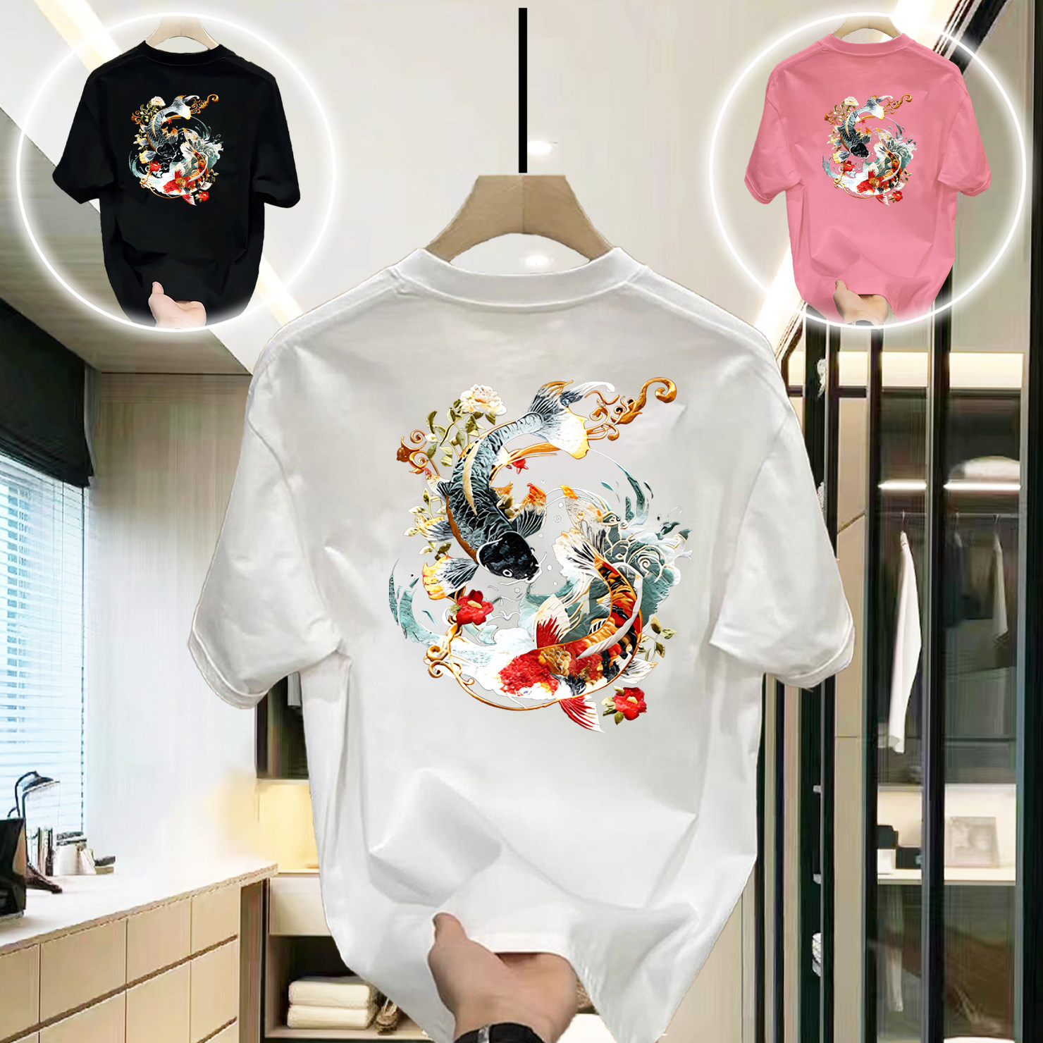 中国风潮流印花短袖半袖鲤鱼花朵情侣小众国潮宽松休闲圆领喜居麦