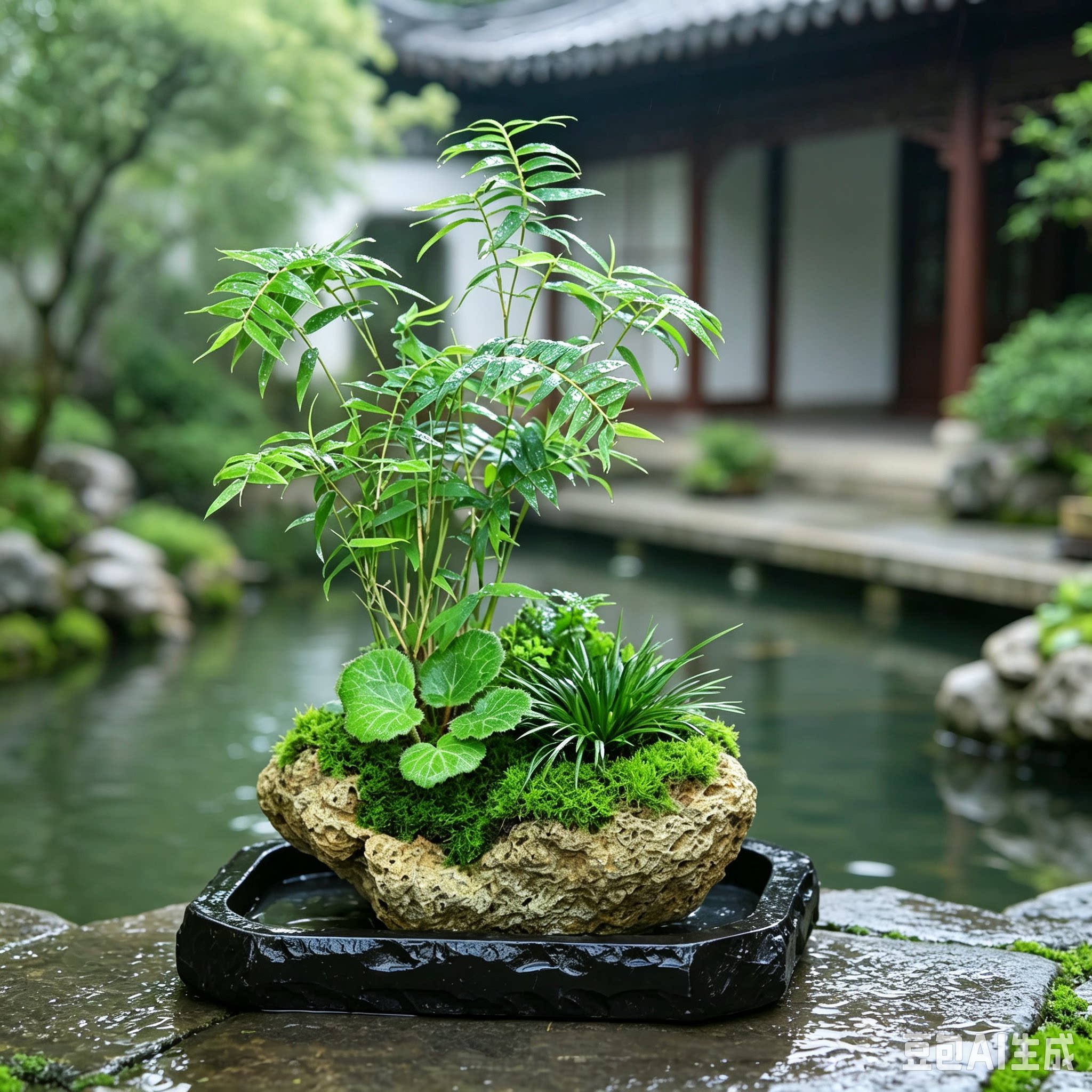 竹子室内盆栽米竹水培植物附石假山造景茶室禅意绿植吸水石盆景