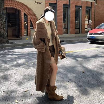 懒大翻领长款羊中毛织开衫女加厚秋慵冬季新针款高领外套宽松WNG