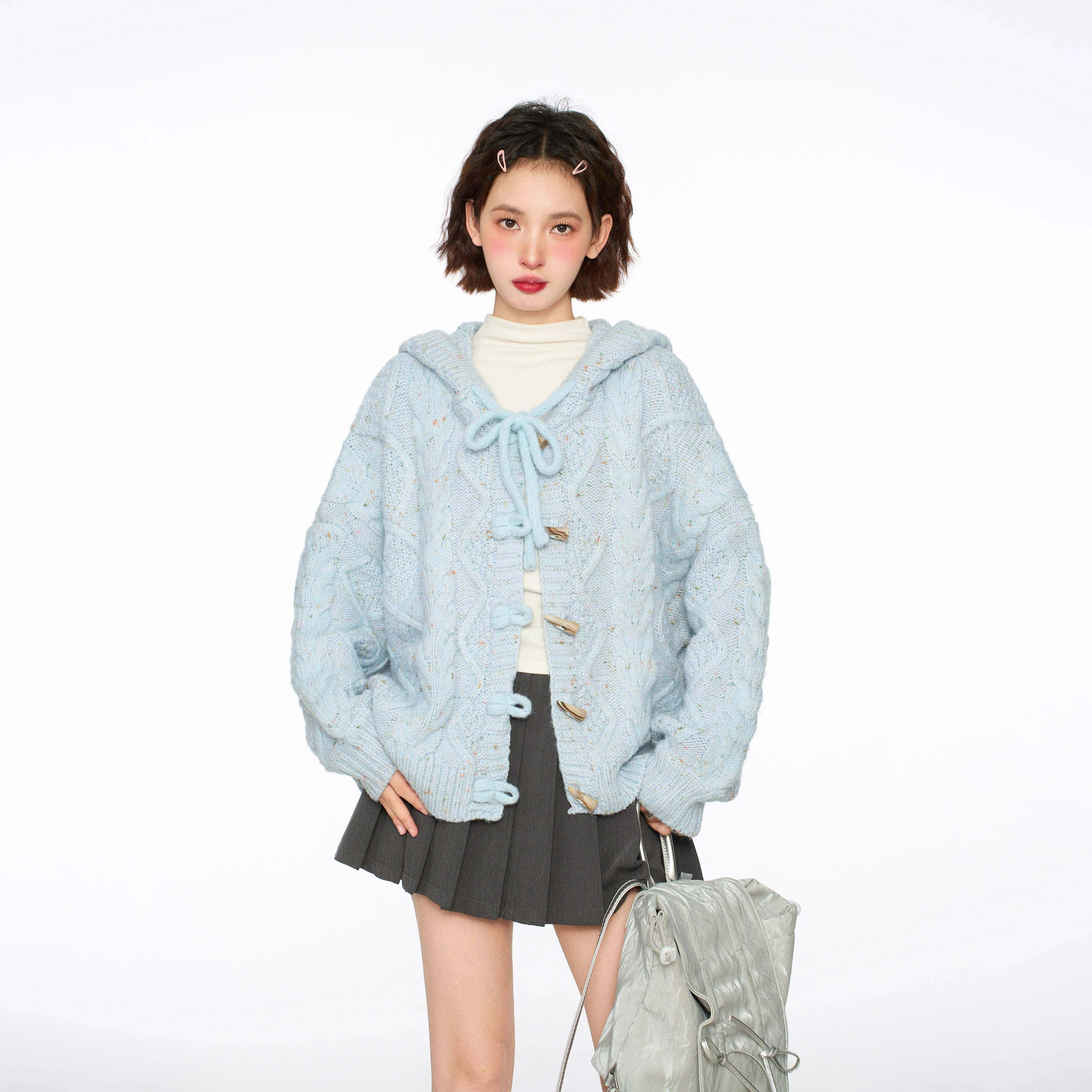 蓝连帽麻花牛角女扣毛衣外套春秋加季厚sdgfvdvg慵懒风色重工针织