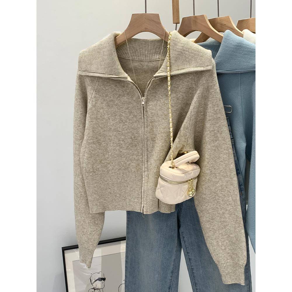 韩D803304系蓝小色多胺巴针织衣外套女秋毛冬2024新款大翻领个子