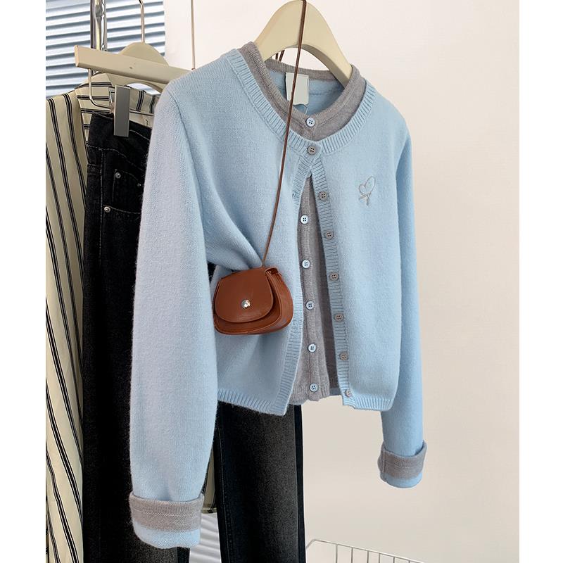 色假件浣熊绒毛衣针外套女秋季蓝秋冬44454444小个子慵懒两短款织