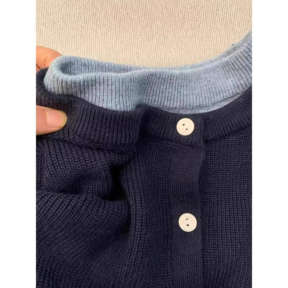 级感假两衣件圆领针织衫女秋高冬26960慵懒设风宽松毛开衫外套计