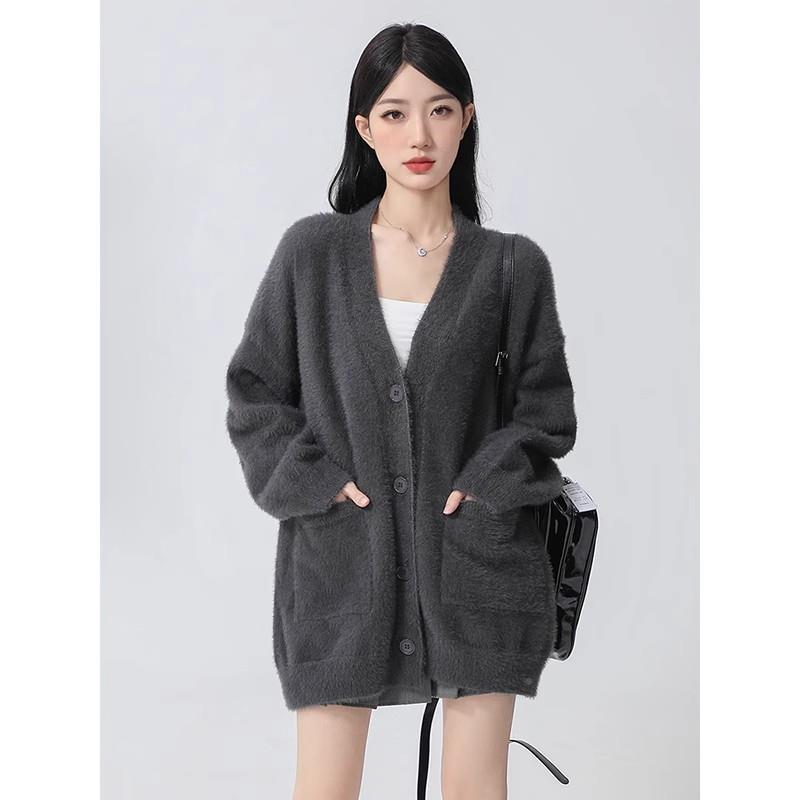 HHEWXUGEU深灰马海毛针织开衫毛衣女水貂毛宽松V领慵 懒风外色搭