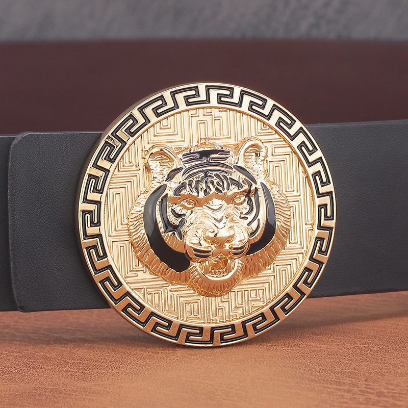3.8CM霸气皮带男士真皮平滑扣老虎头腰带男韩版潮流生肖个性裤带