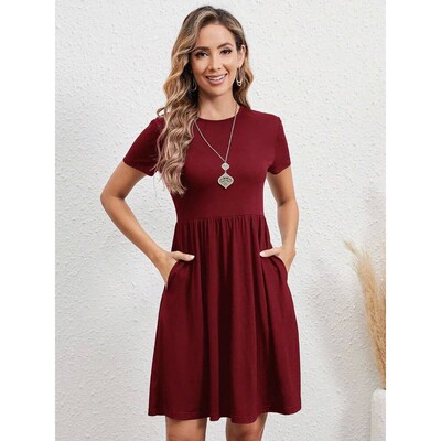 Elastic waist round neck short sleeved dress松紧腰圆领连衣裙