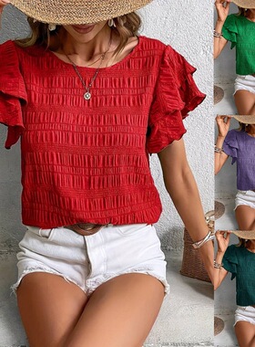 Solid color round neck ruffle sleeve top纯色圆领荷叶袖上衣女