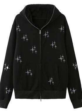 Couple Hot Diamond Hooded Cardigan Coat情侣烫钻连帽开衫外套