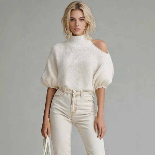 High neck off shoulder bat sleeve sweater高领露肩蝙蝠袖毛衣