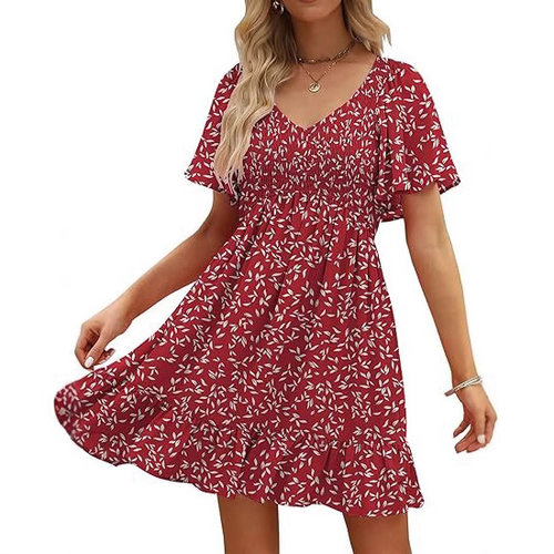 印花缩褶口袋v领连衣裙 Printed pleated pocket V-neck dress