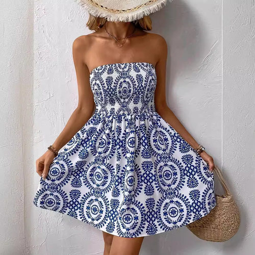 Printed strapless waist cinching dress女式印花抹胸收腰连衣裙