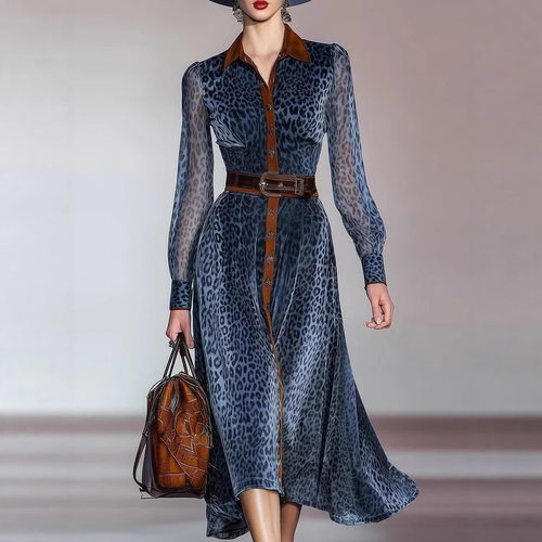 Printed POLO collar long sleeved dress印花POLO领长袖连衣裙