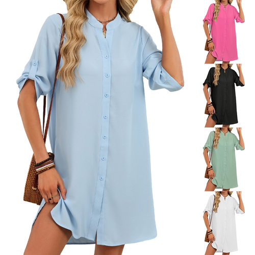 V领纽扣女士中袖连衣裙V-neck button up women'smidsleeveddress