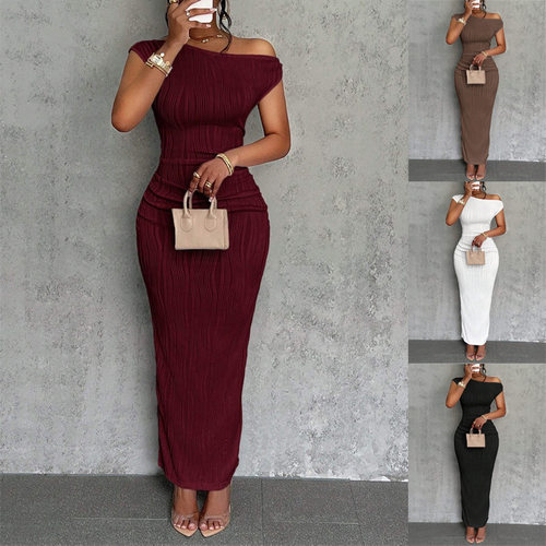 Women's one neck slanted shoulder dress一字领斜肩连衣裙女