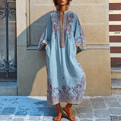 V领印花女士休闲连衣裙 V-neck printed women's casual dress