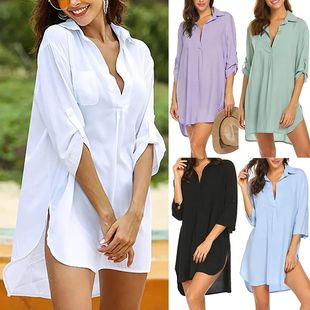 Shirt deep V-neck swimsuit cover up衬衫深V领口修身泳衣罩衫女