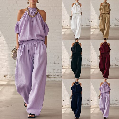 露肩上衣长裤女士套装Off shoulder top, pants, women's suit
