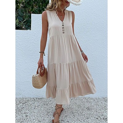 休闲V领中长款无袖连衣裙女Casual mid-length sleeveless dress