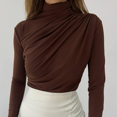High neck pleated slim fitlongsleevedtop高领褶皱修身长袖上衣