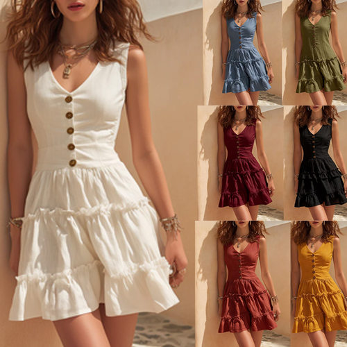 无袖纽扣女士连衣短裙Women's Sleeveless Buttoned Short Dress