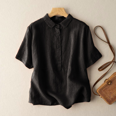 纯色纽扣短袖上衣  Solid color button up short sleeved top