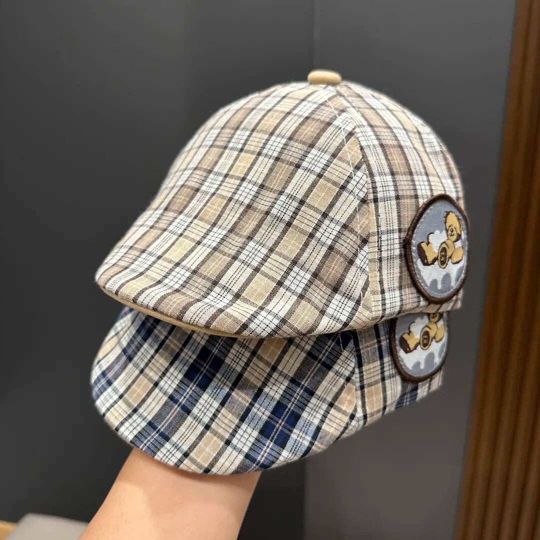 英伦复古格纹小熊贴布儿童贝雷帽男女宝宝春夏百搭遮阳街头画家帽