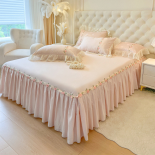 粉色单件超好看床裙优质全棉四件套围边床罩一体遮丑下摆纯棉100