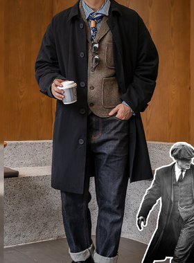 古叔的着复古浴血黑帮巴尔马肯风衣中长款翻领大衣宽松男秋冬英伦