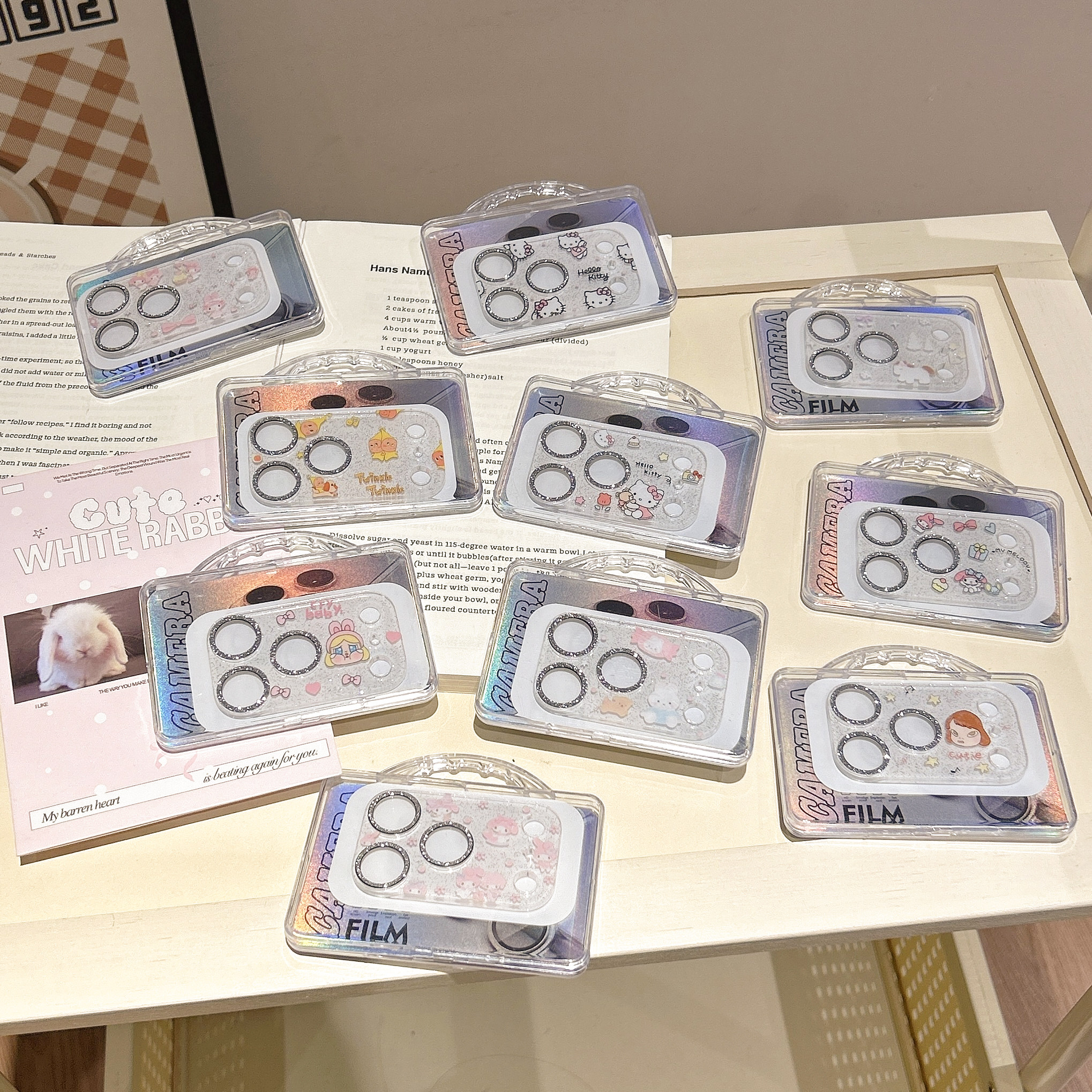 适用苹果系列镜头膜卡通闪粉一体