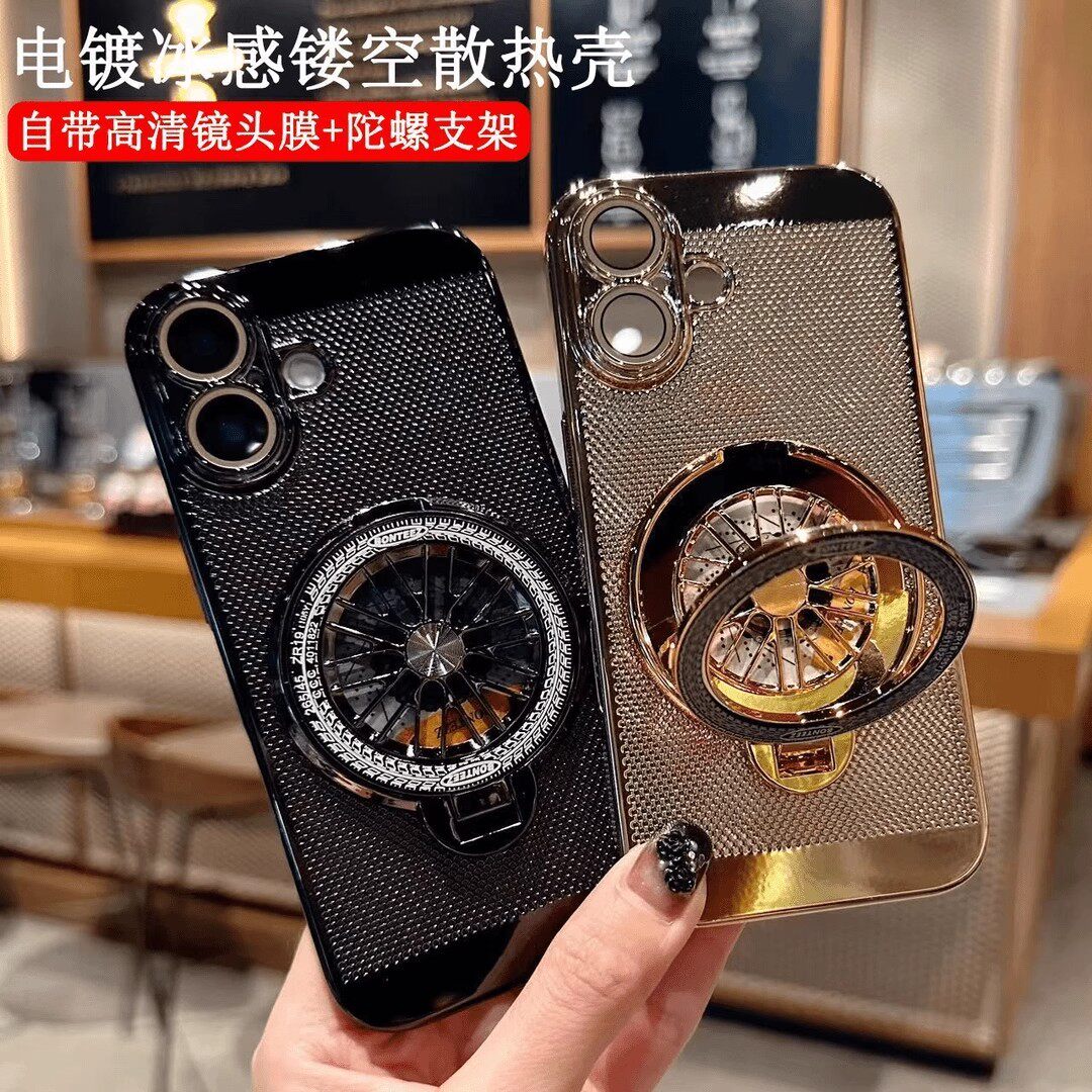 解压陀螺支架适用苹果16手机壳新款高档iphone15电镀蜂窝散热透气壳13promax高级感14plus夏天超薄12男款外壳