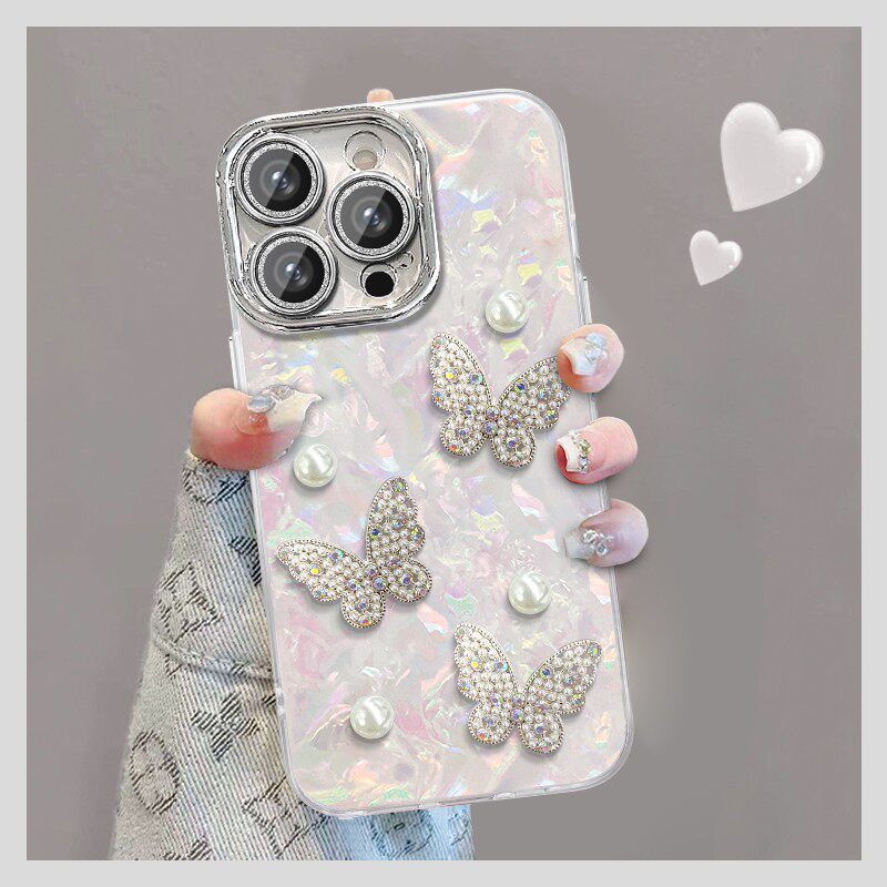 闪粉镜贝壳纹蝴蝶珍适用苹果/oppo/华为/vivo/小米防摔手机壳高级小众款17ProMax保护壳ins风Mate80Pro外壳