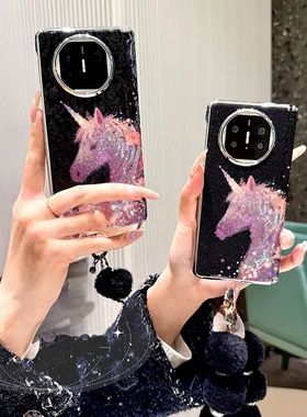 黑色贝壳纹光影马适用华为MateX5典藏版手机壳马年时尚挂绳FindN3保护壳高级小众款MagicV5/N3折叠中轴外壳