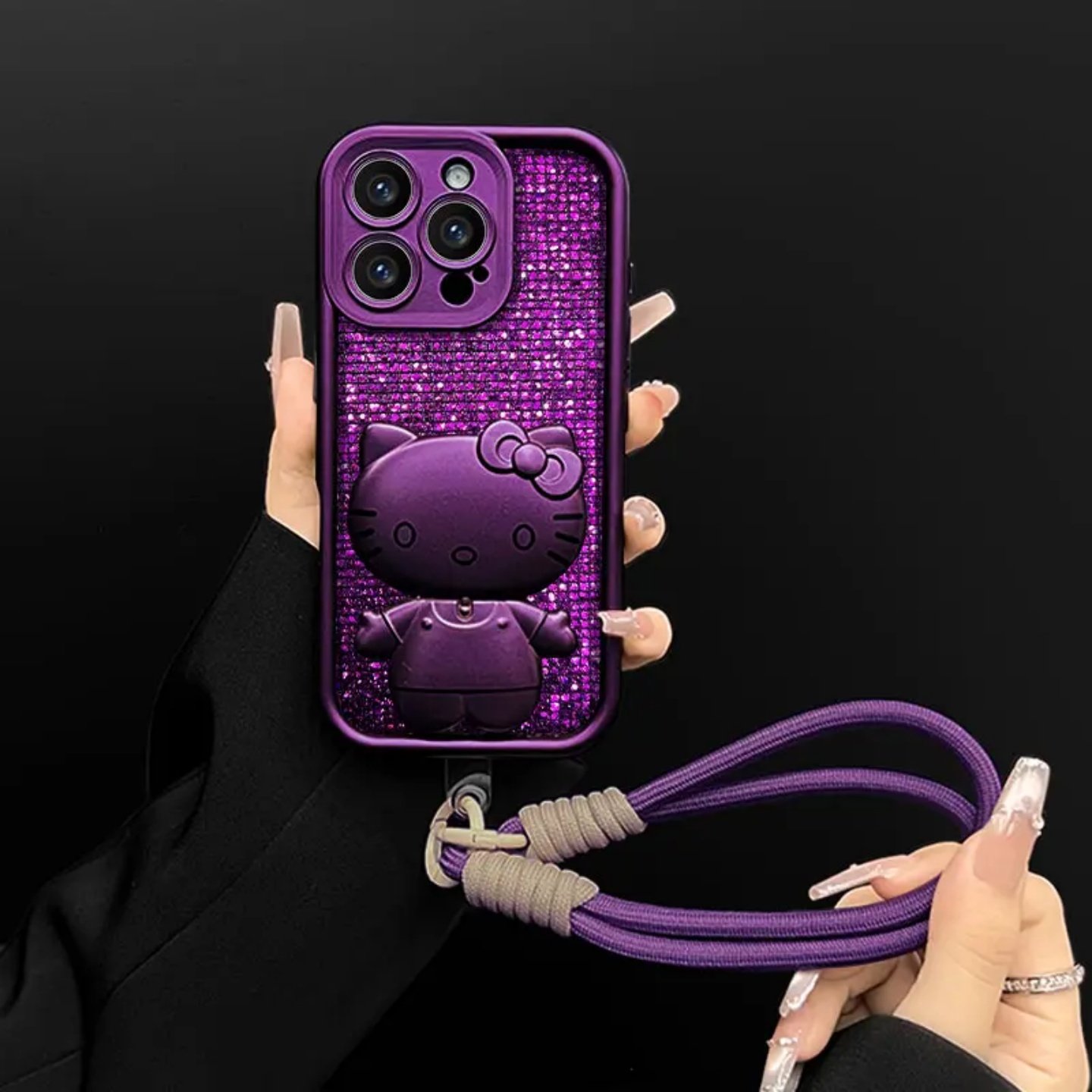 梅子色闪紫kitty支架适用苹果/华为荣耀/oppo/vivo/小米手机壳新款超火17promax全包防摔pura70女带挂绳外壳