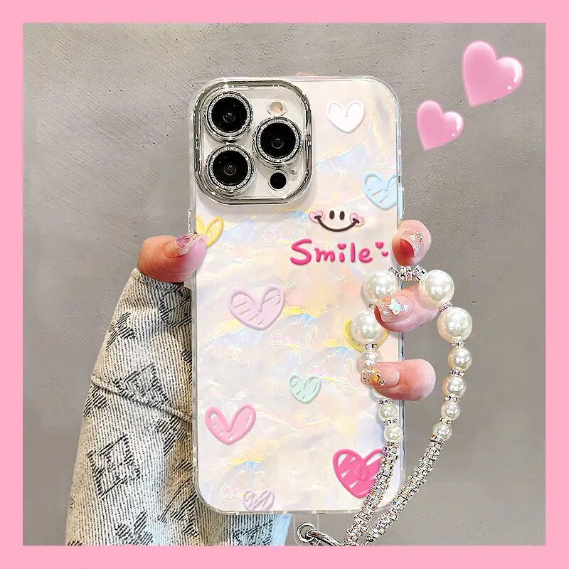 爱心笑脸贝壳纹适用苹果17华为VIVO荣耀OPPO小米/iPhone16手机壳女生高颜值16promax保护套可爱15带挂绳外壳