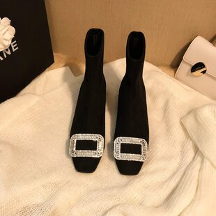 黑色方头短靴女2024新款方扣水钻弹力袜靴子低跟粗跟绒面瘦瘦靴
