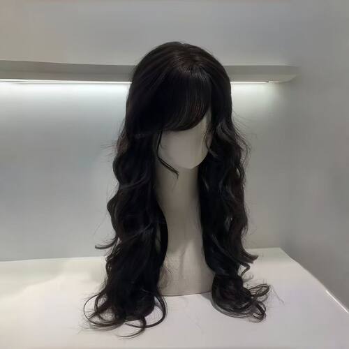 日系古早感斜刘海黑色长卷发