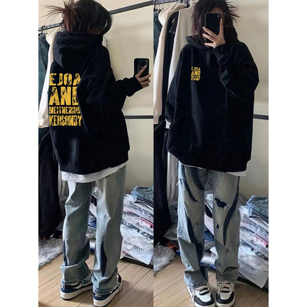 美国时尚品牌加厚重量级纯棉秋冬羊毛衬里宽松大码连帽运动衫妇女